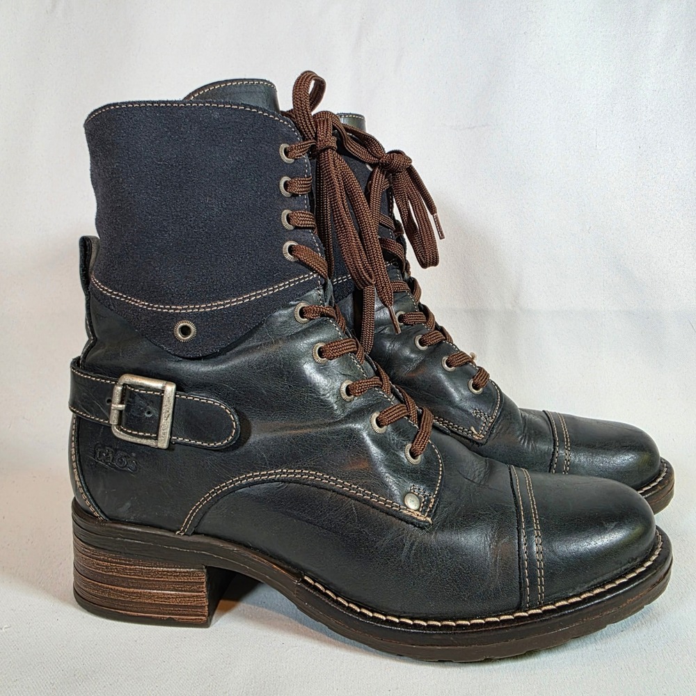 TAOS Crave Navy Blue Leather Suede Women 40 9.5 Combat Boots Lace Side Zip Lug
